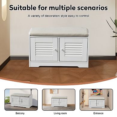Trikiousd Shoe Storage Bench with 2 Door Cabinet & Cushion & Adjustable Shelves