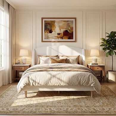 Pnronnc Platform Bed Boucle Fabric Upholstered Wingback Bed Frame Rounded Corners Headboard