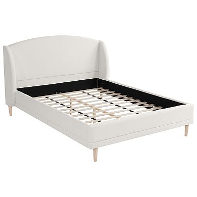 Pnronnc Platform Bed Boucle Fabric Upholstered Wingback Bed Frame Rounded Corners Headboard