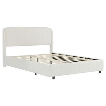 Pnronnc Boucle Fabric Upholstered Platform Bed Curveshaped Thick Headboard Wingback Bed