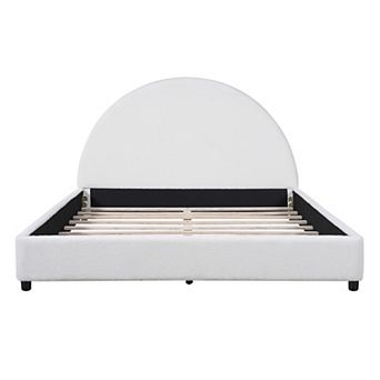 Pnronnc Queen Size Boucle Low Profile Platform Bed Upholstered Round Curved Headboard Wingback Bed