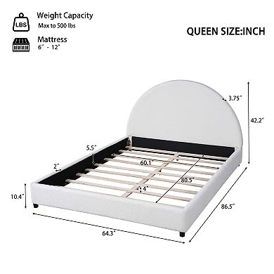 Pnronnc Queen Size Boucle Low Profile Platform Bed Upholstered Round Curved Headboard Wingback Bed