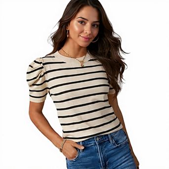 Casual Puff Sleeve Striped Knit Blouse
