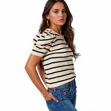Casual Puff Sleeve Striped Knit Blouse