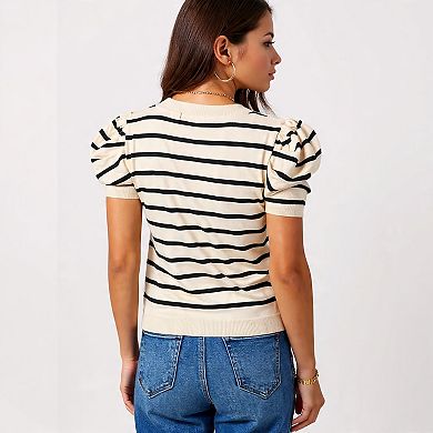 Casual Puff Sleeve Striped Knit Blouse