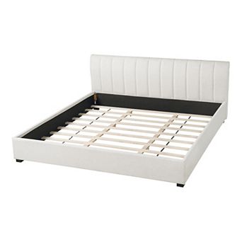 Pnronnc Linen Fabric Upholstered Bed King Size Platform Bed with Thick Headboard, Solid Wood Legs