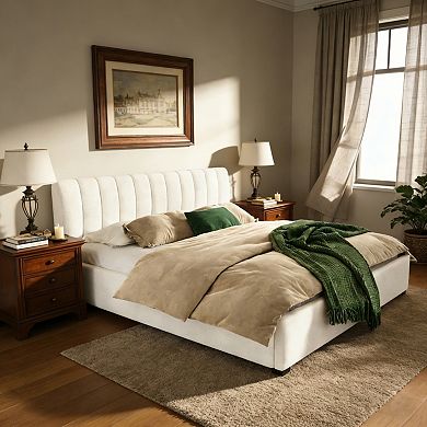 Pnronnc Linen Fabric Upholstered Bed King Size Platform Bed with Thick Headboard, Solid Wood Legs