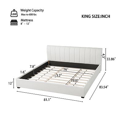 Pnronnc Linen Fabric Upholstered Bed King Size Platform Bed with Thick Headboard, Solid Wood Legs