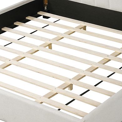 Pnronnc Linen Fabric Upholstered Bed King Size Platform Bed with Thick Headboard, Solid Wood Legs