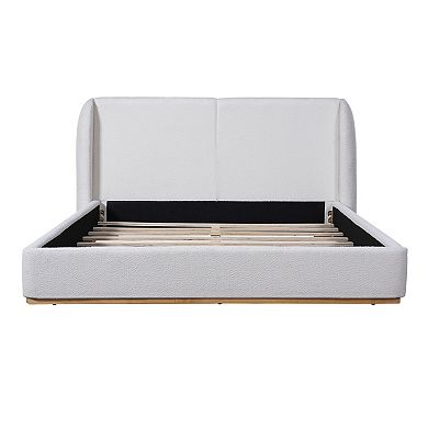 Pnronnc Low Profile Bed Ground Bed Boucle Platform Bed Frame with Upholstered Wingback Headboard