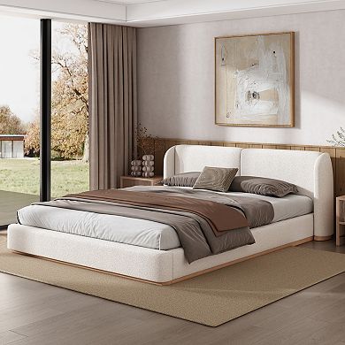 Pnronnc Low Profile Bed Ground Bed Boucle Platform Bed Frame with Upholstered Wingback Headboard