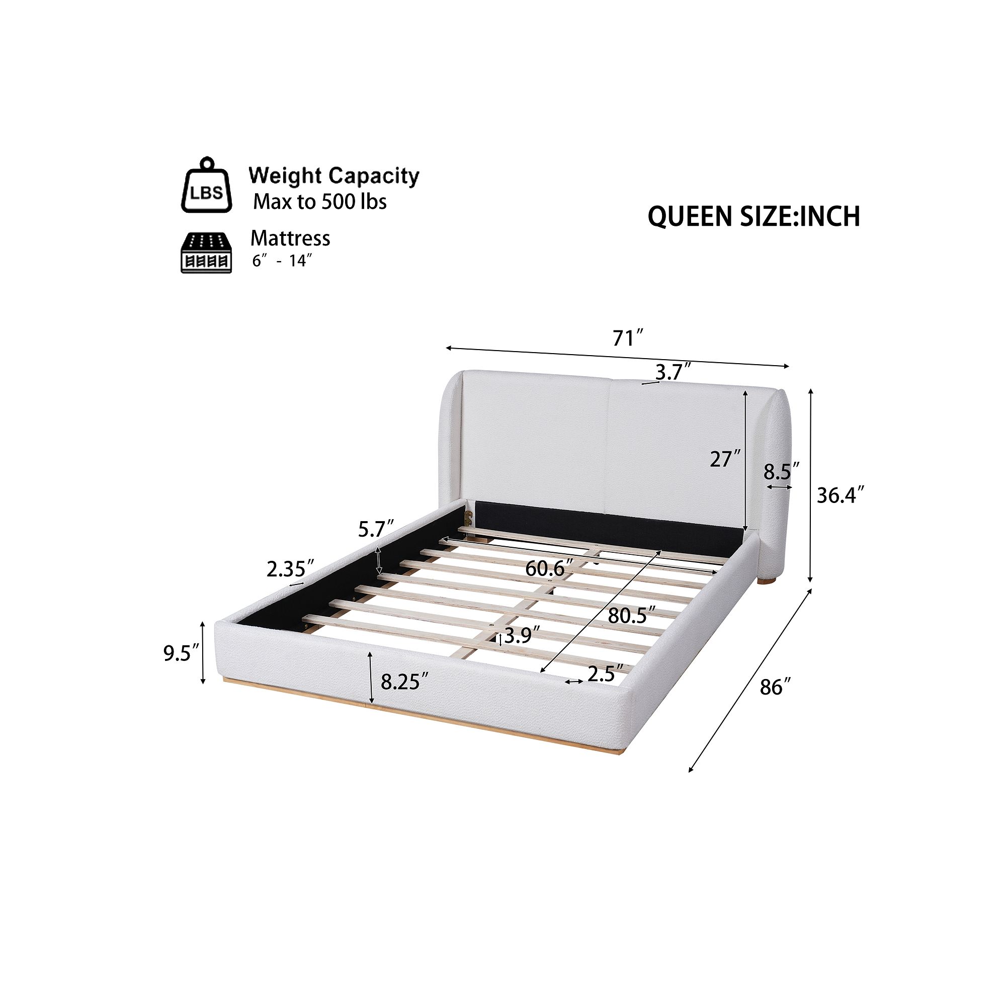 Bed frame dimensions and weight capacity chart for queen size