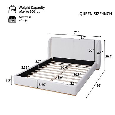 Pnronnc Low Profile Bed Ground Bed Boucle Platform Bed Frame with Upholstered Wingback Headboard