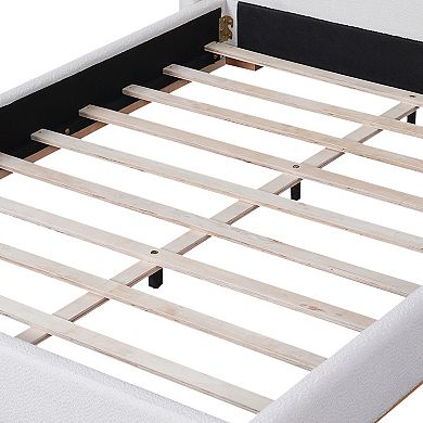 Pnronnc Low Profile Bed Ground Bed Boucle Platform Bed Frame with Upholstered Wingback Headboard