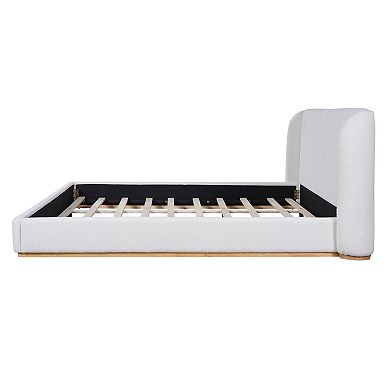 Pnronnc Low Profile Bed Ground Bed Boucle Platform Bed Frame with Upholstered Wingback Headboard