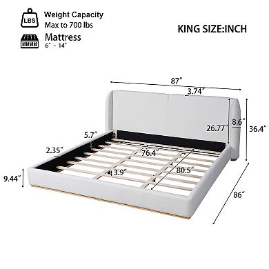 Pnronnc Low Profile Bed Ground Bed Boucle Platform Bed Frame with Upholstered Wingback Headboard