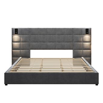 Pnronnc Velvet Upholstered Platform Bed Wide Headboard Wingback Bed with Reading Lamp and USB Port