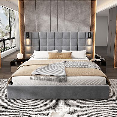 Pnronnc Velvet Upholstered Platform Bed Wide Headboard Wingback Bed with Reading Lamp and USB Port