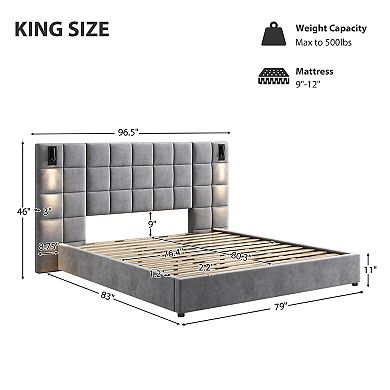 Pnronnc Velvet Upholstered Platform Bed Wide Headboard Wingback Bed with Reading Lamp and USB Port