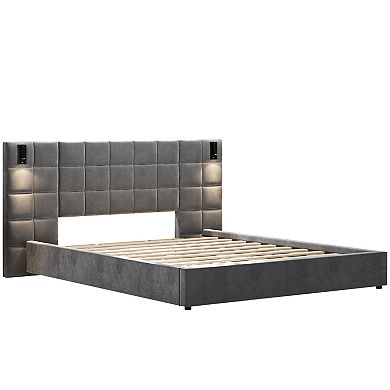 Pnronnc Velvet Upholstered Platform Bed Wide Headboard Wingback Bed with Reading Lamp and USB Port