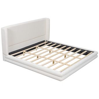 Pnronnc Floor Bed Low-Profile Platform Bed Boucle Thick Upholstered Wingback Bed