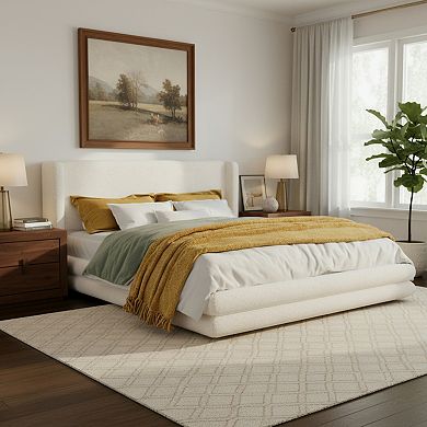 Pnronnc Floor Bed Low-Profile Platform Bed Boucle Thick Upholstered Wingback Bed