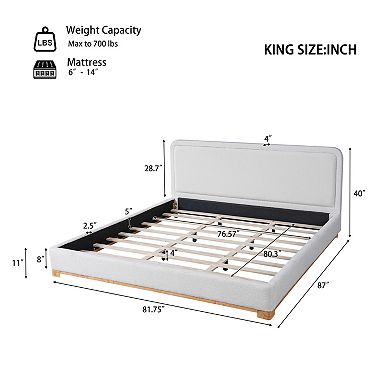 Pnronnc Low Profile Platform Bed Curved Boucle Upholstered Headboard Wingback Bed