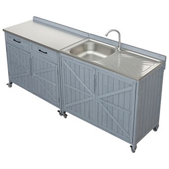 Pnronnc Outdoor Kitchen Island with 304 Sink Stainless Steel Station, Drawer, Rolling Service Carts