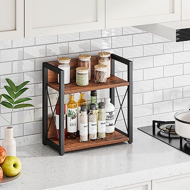 2 Tier Countertop Spice Rack Organizer Wood Kitchen Coffee