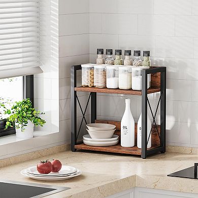 2 Tier Countertop Spice Rack Organizer Wood Kitchen Coffee