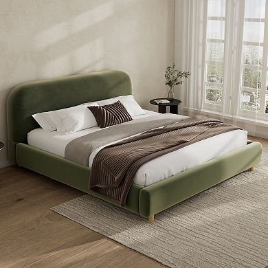 Pnronnc Upholstered Platform Bed Frame Low Profile Curve-shaped Wingback Bed