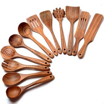 12 pc Teak Wooden Cooking Spoon & Spatula Set Natural Kitchen Utensils