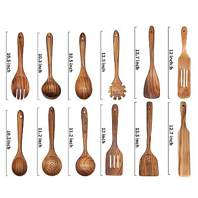 12-Piece Teak Wooden Cooking Spoon & Spatula Set Natural Kitchen Utensils