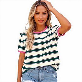 Casual Crewneck Striped Tee for Women