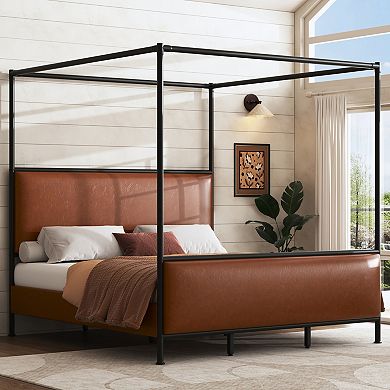 Pnronnc King Size Canopy Bed Frame with Upholstered Headboard and Iron Legs Low-Profile Platform Bed