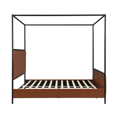 Pnronnc King Size Canopy Bed Frame with Upholstered Headboard and Iron Legs Low-Profile Platform Bed