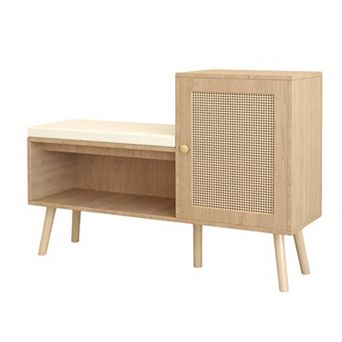 Trikiousd PP Rattan Shoe Storage Bench with 2 Adjustable Shelves and Removable Seat Cushion
