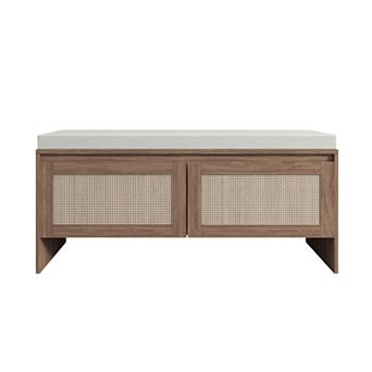 Trikiousd PP Rattan Storage Bench with Cushion & 2 Doors, Mid-Century Modern Wood Entryway Seat