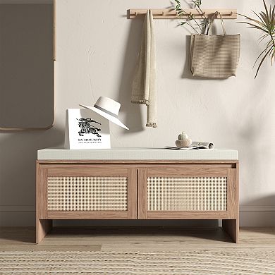 Trikiousd PP Rattan Storage Bench with Cushion & 2 Doors, Mid-Century Modern Wood Entryway Seat