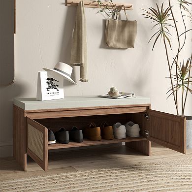Trikiousd PP Rattan Storage Bench with Cushion & 2 Doors, Mid-Century Modern Wood Entryway Seat