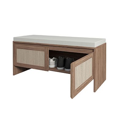 Trikiousd PP Rattan Storage Bench with Cushion & 2 Doors, Mid-Century Modern Wood Entryway Seat