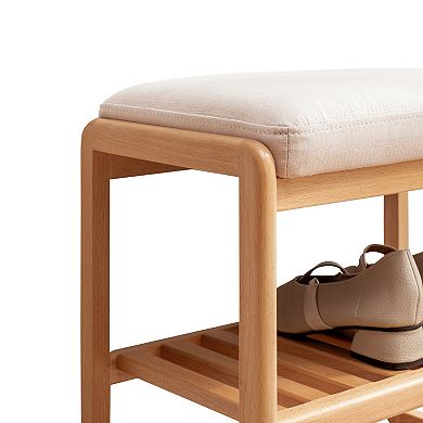 Trikiousd Natural Solid Wood Shoe Bench with High Rebound Sponge Cushion