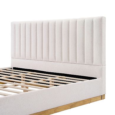 Pnronnc Platform Bed Linen Upholstered Thick Headboard Wingback Bed with Solid Wooden Base