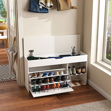 Trikiousd Entryway Bench with Shoe Storage, Adjustable 3-Tier Flip-Up Drawers & Hidden Cabinet
