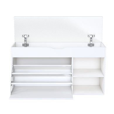 Trikiousd Entryway Bench with Shoe Storage, Adjustable 3-Tier Flip-Up Drawers & Hidden Cabinet