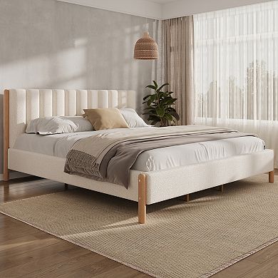 Pnronnc Platform Bed Bed Frame with Boucle Upholstered Thick Headboard, Solid Wooden Legs
