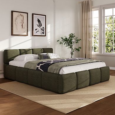 Pnronnc Upholstered Platform Bed Block Style Grounded Bed with Thick Headboard Lowprofile Floor Bed