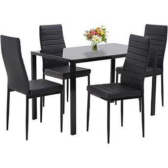 Dining Room Table Set 5 pc Kitchen with 4 Faux Leather Metal Frame Chairs Black Glass