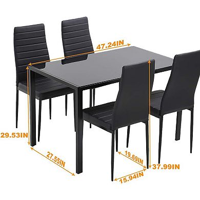 Dining Room Table Set 5-Piece Kitchen with 4 Faux Leather Metal Frame Chairs Black Glass