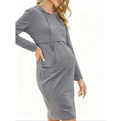 Womens Hoodie Drawstring Long Slevve Pregnancy Sweatshirt Dresses Maternity Nursing Fall Midi Dress